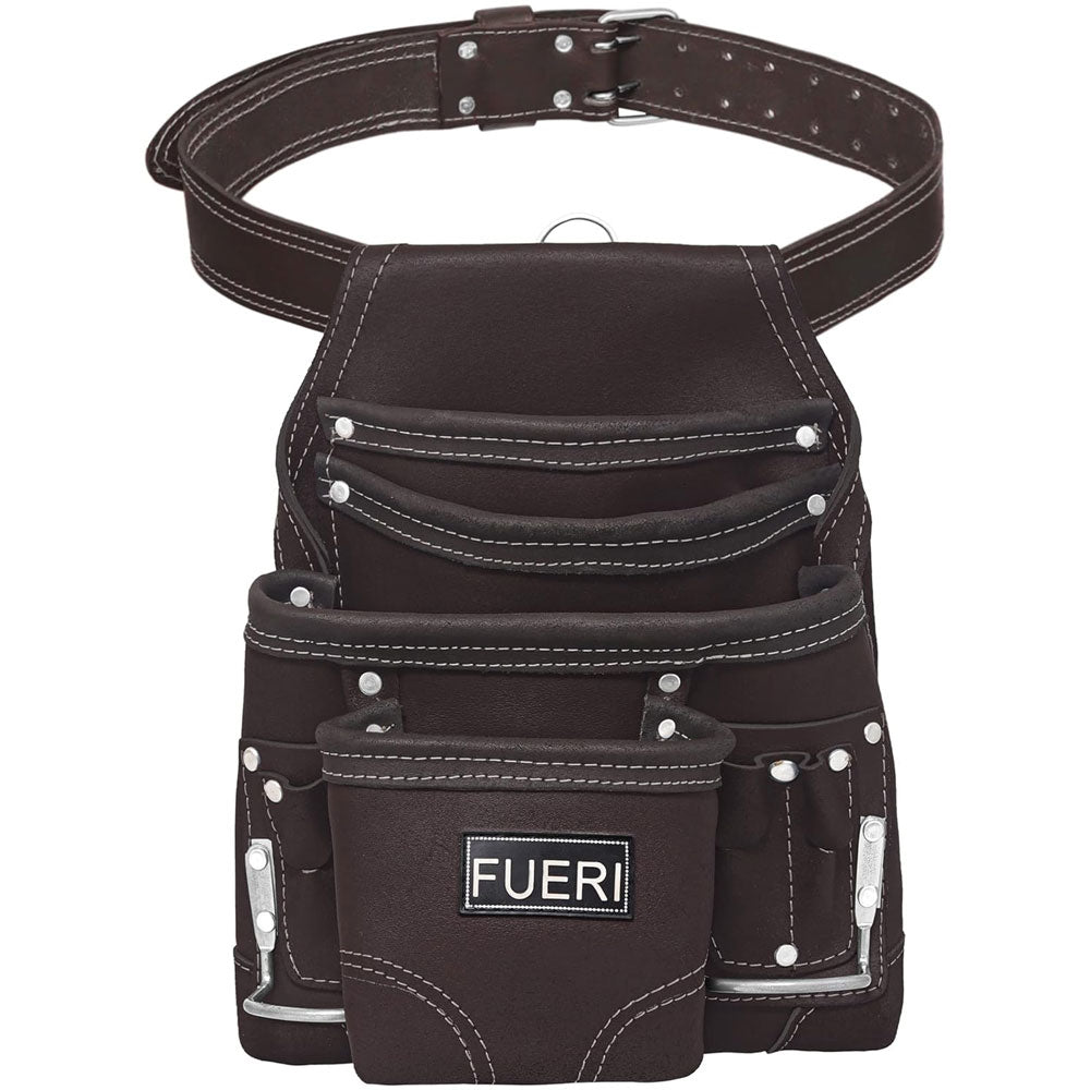 FUERI Leather Tool Pouch for Carpenters 10 Pockets Framers Belt Bag with Grain Leather Work Belt, Chocolate High Gauge Premium Leather