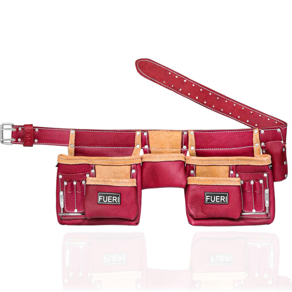 FUERI Heavy Duty Construction Tool Belt, 11 Pockets Tool Pouch, Carpenter Tool Organizer with Fix Belt Style Grain Leather Electrician Tool Pouch for Men