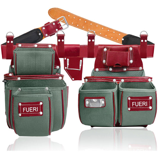 FUERI Nylon & Leather 19 Pockets Heavy Duty Tool Bag Set with 2 Pouches, Plier Holder, Foam Padded Work Belt & 4 Suspender Loops for Framers, Carpenters, Electricians and Construction Workers - Maroon and Green