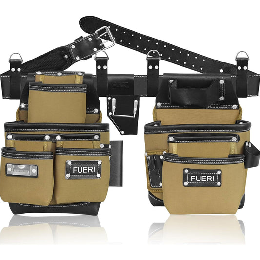 FUERI Nylon & Leather Heavy Duty Tool Bag Set with 2 Pouches, Plier Holder, Foam-Padded Work Belt & 4 Suspender Loops for Framers Carpenters, Electricians and Construction - Beige And Black