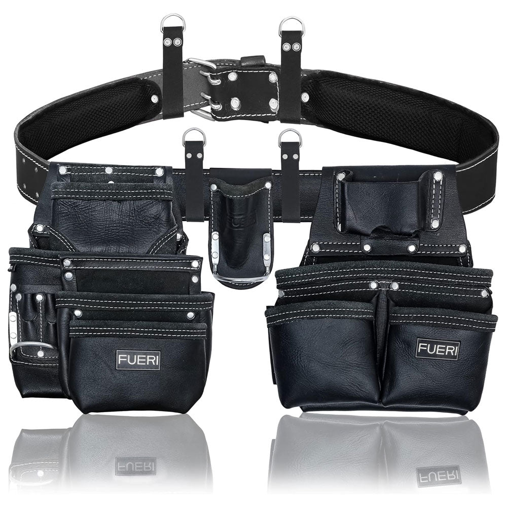 FUERI Heavy Duty 19 Pockets Leather Tool Bag | Multipurpose Pockets Work Organizer Pouch for Carpenters, Construction Workers, Handymen and Electricians Tool Belt Set - Black