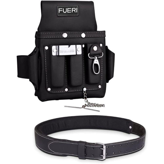 FUERI Premium Grain Leather Work Belt and 4 Pocket Electrician Tool Pouch High Grade Premium Leather, Riveted Reinforcement Organizer Tool Holder