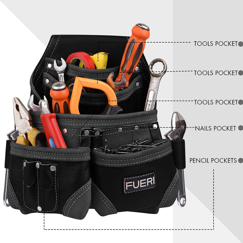 FUERI LEATHER TOOL POUCH, 2 pencil pockets, 5 big pockets displaying tools inside, nails in one pocket, 2 side leather rings to hang 2 adjustable wrenches