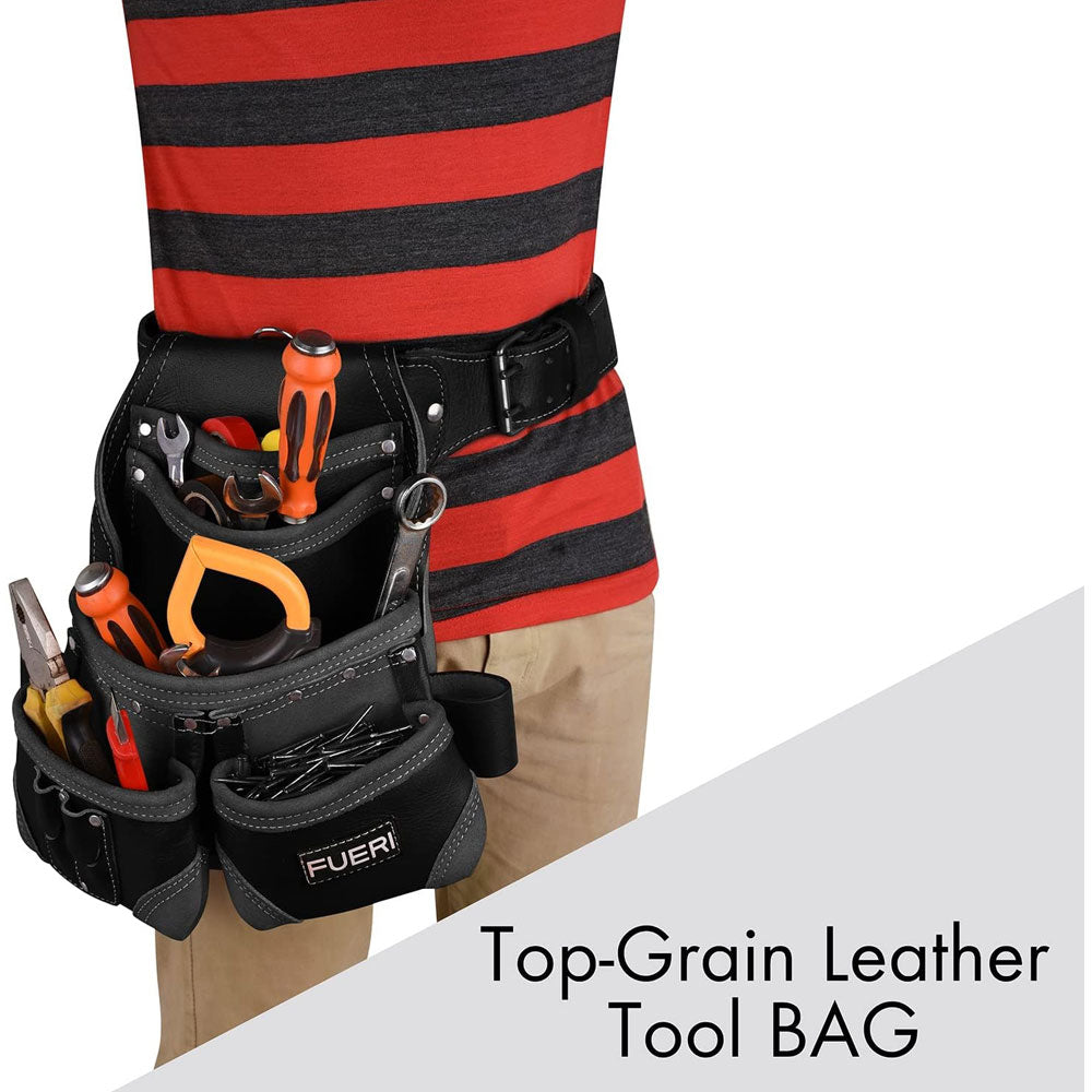A close up view of a man's waist wearing FUERI LEATHER TOOL POUCH having 10 pockets with leather work belt, 1 PENCIL POCKET, 2 FIXED HAMMER HOLDERS, displaying 5 LARGE POCKETS full of ALL NECESSARY TOOLS