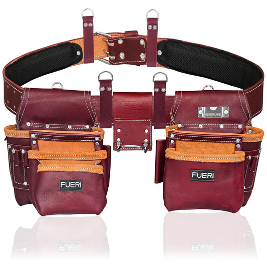 FUERI 17 Pockets Maroon Multipurpose Natural Leather Tool Pouch Combo Heavy Gauge Natural Maroon Leather Tool Belt Tool Kit with 4 Suspender loops-D rings