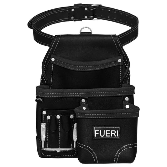 Front view of FUERI 6 Pockets Tool Belt Pouch for Electricians Carpenters. Adjustable  natural leather belt. 1 fixed hammer holder.