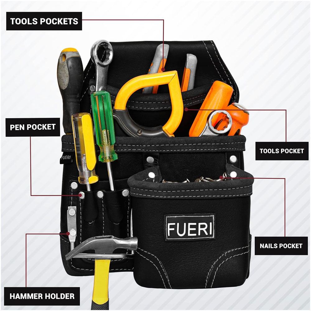 FUERI 6 Pockets Tool Belt Pouch for Electricians Carpenters. Tools in all pockets, mentioning Tools pockets. Pen Pocket. Nail pocket. Hammer holder