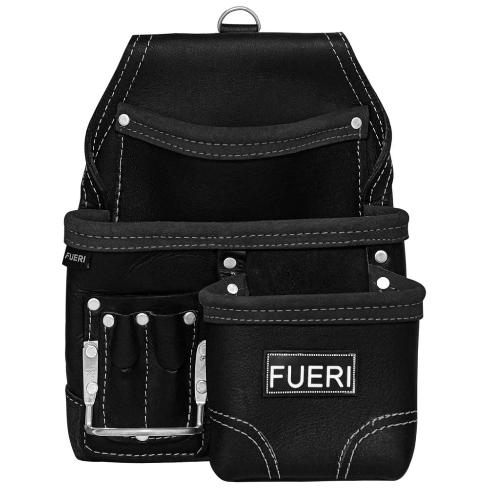 Front view of FUERI 6 Pockets Tool Belt Pouch for Electricians Carpenters. 1 fixed hammer holder.