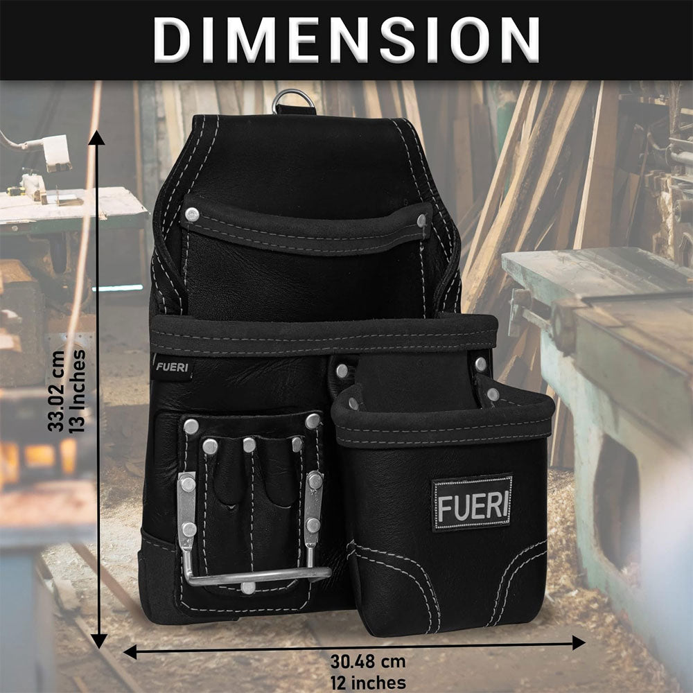 Front view of Fueri 6 pockets tool belt pouch showing dimensions