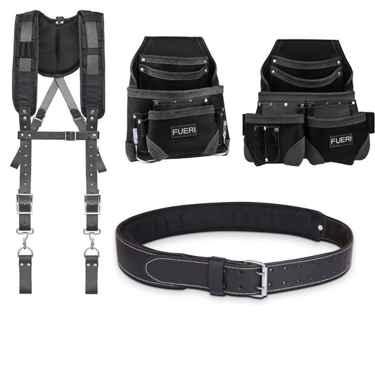Fueri leather tool belt suspender with D-rings, 17  pockets 2 leather tool pouches, one pouch is with 2 fixed hammer holders, one heavy duty leather tool belt with soft mesh padding