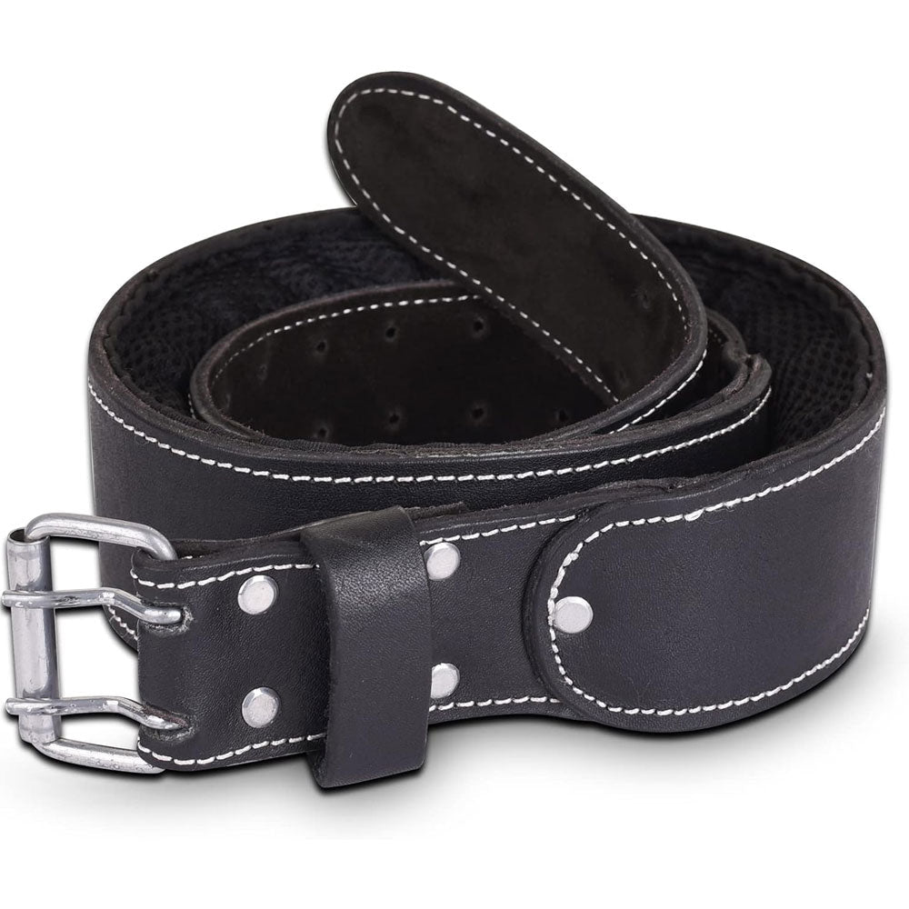 close up view of folded Premium quality grain leather tool belt 2 inches wide and 2.5 inches wide soft mesh padding in the middle