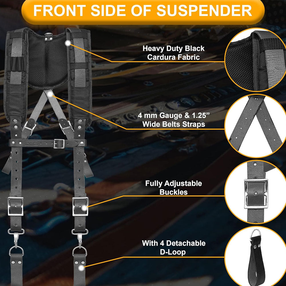 leather tool belt suspender with 4 D rings, strong 4 mm leather straps 1.25 inches wide, 3 inch thick shoulder padding with heavy duty cardura fabric