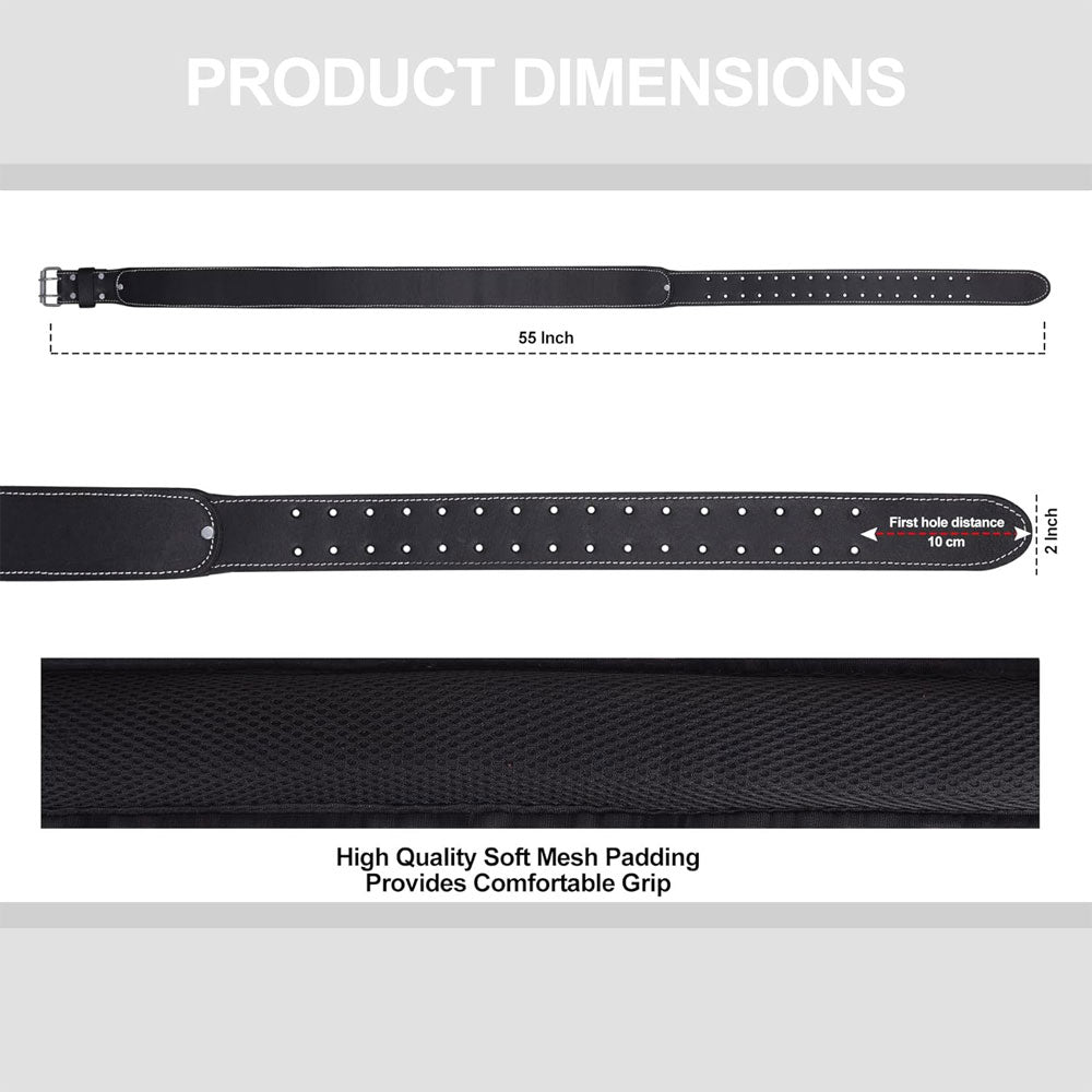 Dimensions of Fueri leather tool belt with soft mesh padding - 2 inches wide with 2.5 inches soft mesh padding in the middle, 53 inches long