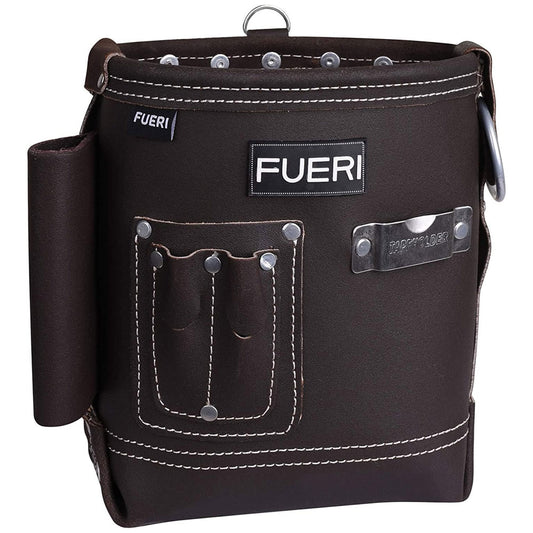 A close lying view of Fueri 4 pockets chocolate leather electricians tool pouch showing 9 ply thick polyester fiber thread stitching.