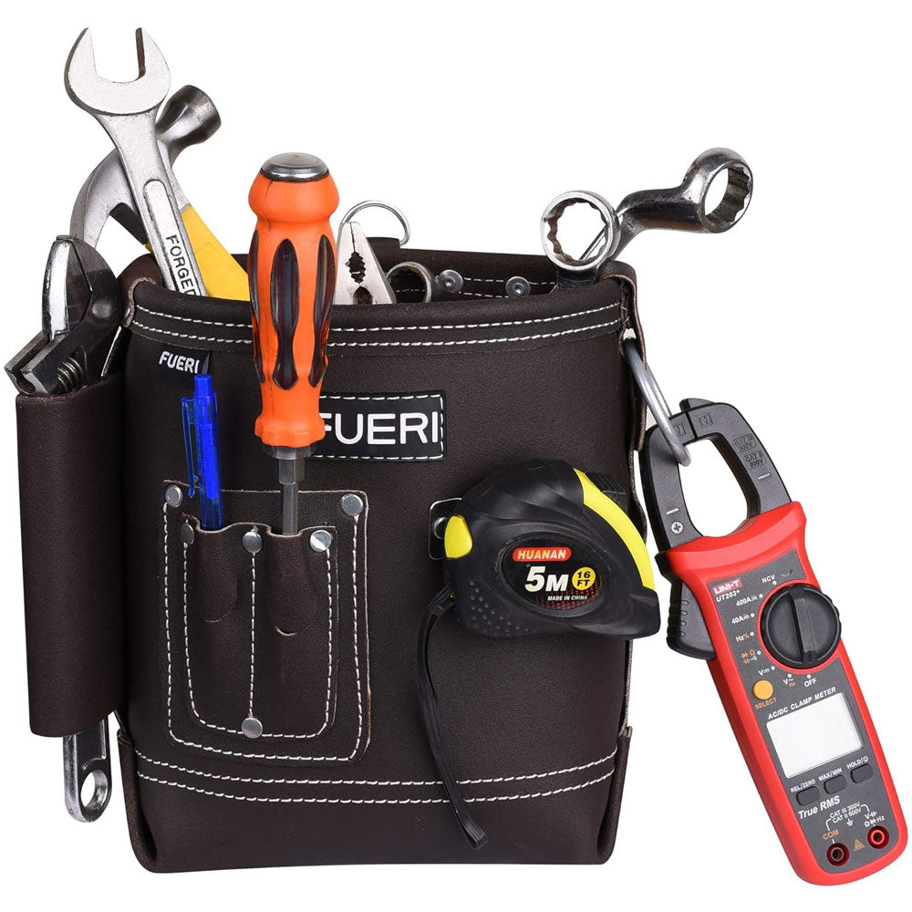 Fueri 4 pockets chocolate leather electricians tool pouch with Fueri black leather tool belt. Pencil and screw driver in small thin pockets, measuring tape in holder, ampere meter hanging in clip. Tools in big pockets