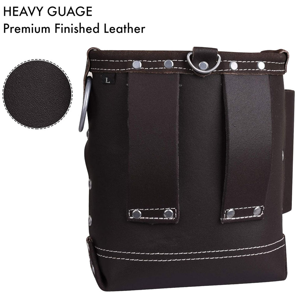 Rear view of Fueri 4 pockets chocolate leather electricians tool pouch showing 9 ply thick polyester fiber thread stitching. 2  leather belt holders on the back.