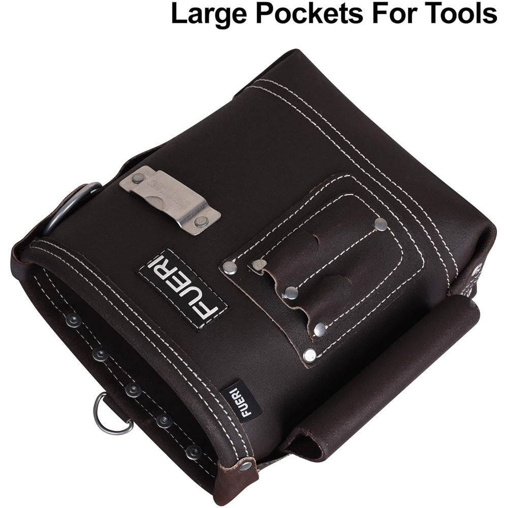 A close lying view of Fueri 4 pockets chocolate leather electricians tool pouch showing 9 ply thick polyester fiber thread stitching.