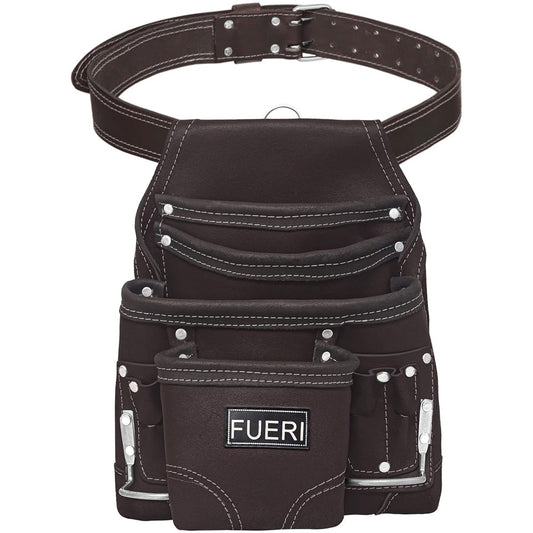 Fueri 10 pockets chocolate  leather tool pouch,  2 fixed hammer holders on front side, with chocolate leather work belt.