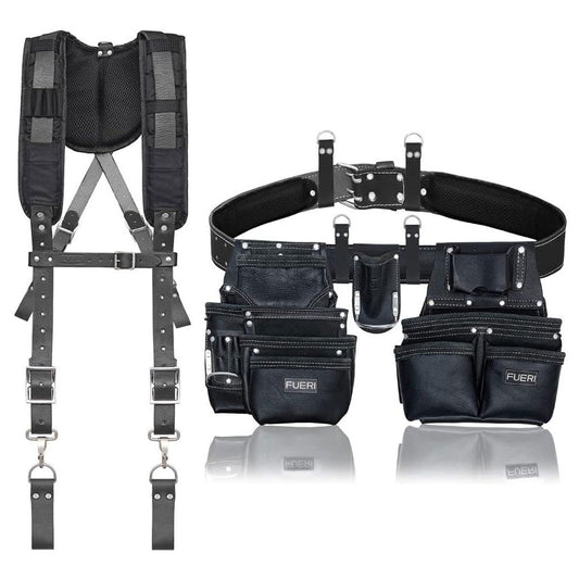 Fueri leather tool belt suspender with 4 D-rings, 19  pockets 2 leather tool pouches, one pouch is with a fixed hammer holder, 1 detachable hammer + plier holder in the front middle
