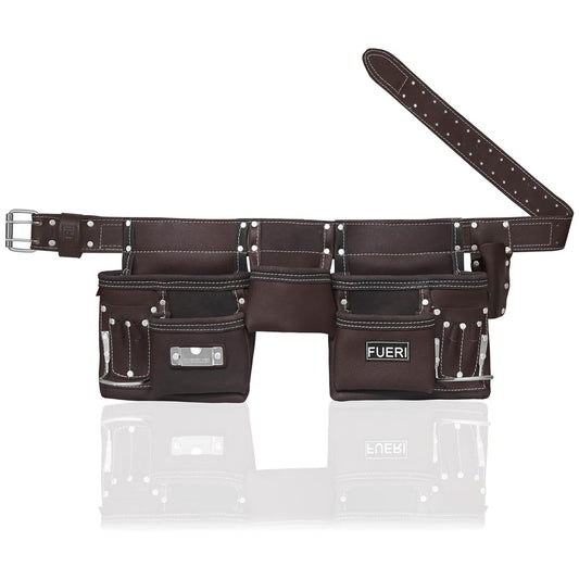 11 pockets Chocolate leather 2 tool pouches fixed with leather belt, each bag has 1 fixed hammer holder