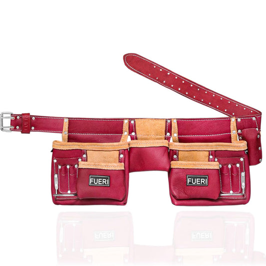 11 pockets maroon leather 2 tool pouches fixed with leather belt, each bag has 1 fixed hammer holder