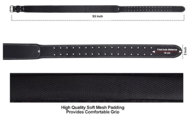 Dimensions of Fueri black natural leather work belt, 2 inches wide, 53 inches long, High quality Soft Mesh padding for comfortable grip