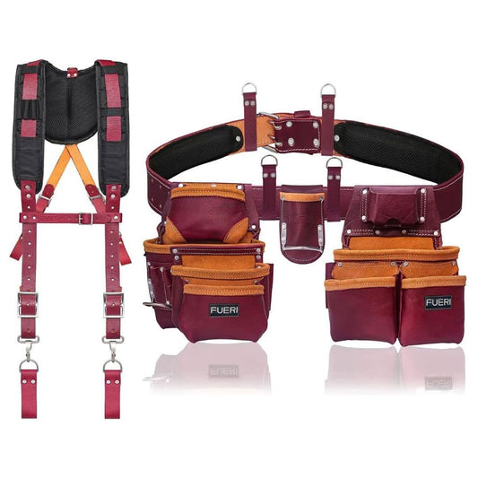 Fueri maroon leather tool belt suspender with 4 D-rings, 19  pockets 2 leather tool pouches, one pouch is with a fixed hammer holder, 1 detachable hammer + plier holder in the front middle, black shoulder pads  of 3 inch thick foam padding with black cardura fiber