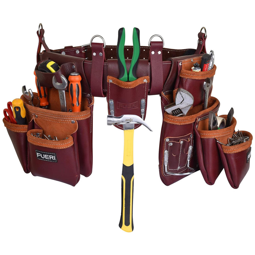 Fueri 19 pockets 2 tool pouches with maroon leather belt having soft mesh padding and 4 D rings suspender loops. 1 hammer and plier holder in the middle. Tools in all pockets.