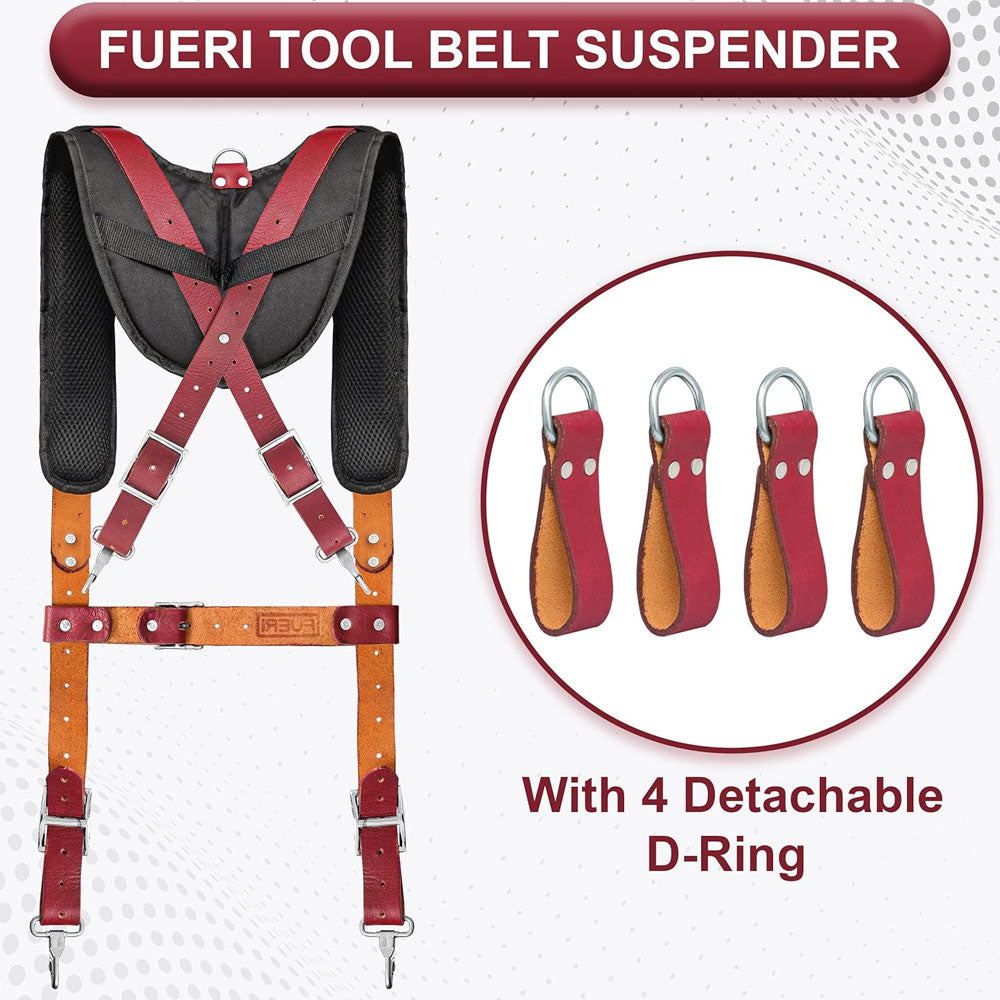 Fueri tool belt suspender with 3 inch thick shoulder pads, 4 detachable d-rings
