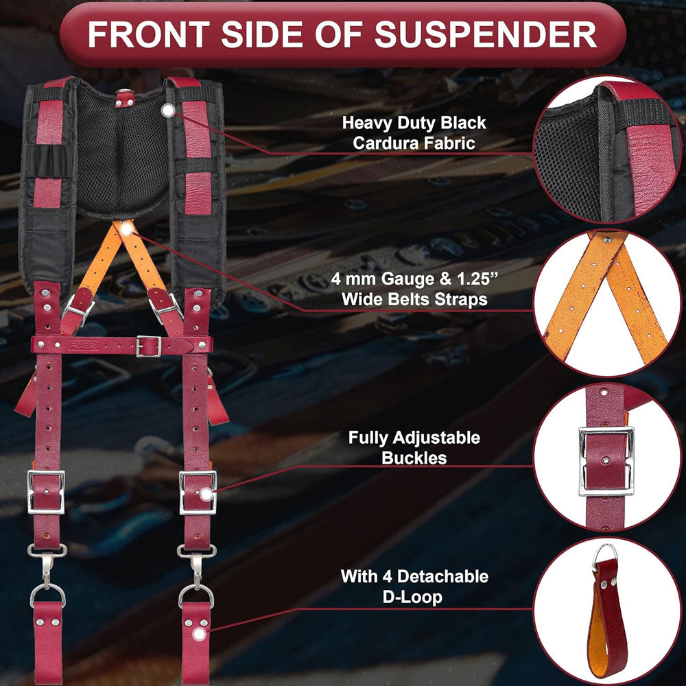 Front side of Fueri tool belt suspender with maroon leather straps 4mm thickness, and black cardura fiber, shoulder pads are 3 inch thick foamed, adjustable buckles, 4 detachable maroon leather d rings