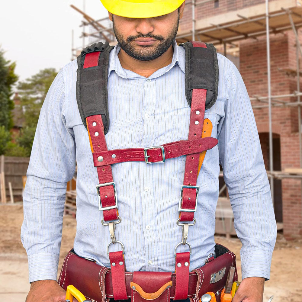 Front view of a construction worker wearing heavy duty cardura fabric leather tool belt suspender, shoulder pads are 3 inch thick foam padding, attached with leather worker belt with 4 d rings