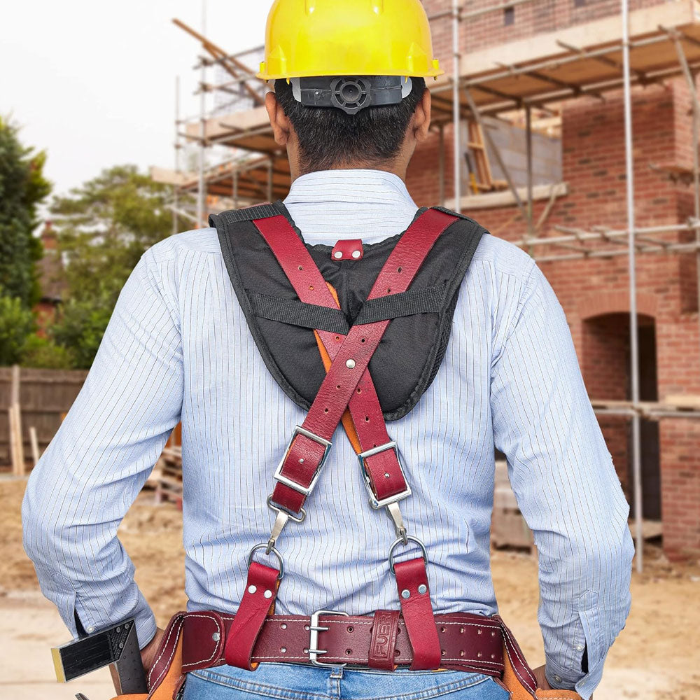 Rear view of a construction worker wearing heavy duty cardura fabric leather tool belt suspender, shoulder pads are 3 inch thick foam padding, attached with leather worker belt with 4 d rings