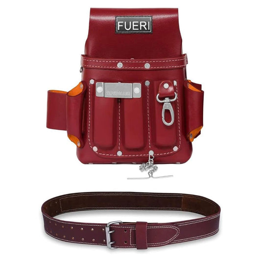 FUERI Maroon Leather Tool Belt and Professional 4 Pockets Electrician Tool Pouch, high quality chrome Key holder, measuring tape holder, a solution tape holder chain. A maroon leather work belt 2 inches wide and 53 inches long.