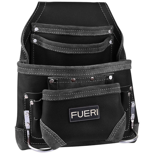 Front view of Fueri 10 pockets black natural leather tool pouch with 2 fixed hammer holders on each side.