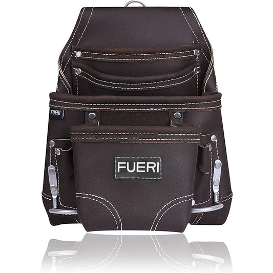 Front view of Fueri 10 pockets chocolate natural leather tool pouch with 2 fixed hammer holders on each side.