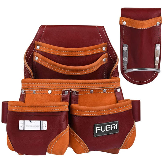 Front view of Fueri 5 pockets maroon natural leather tool pouch with 1 detachable hammer + plier holder.