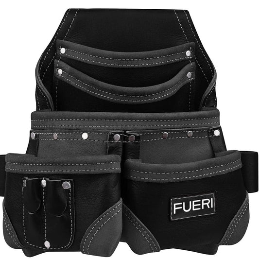 Front view of Fueri 7 pockets black natural leather tool pouch, including 2 pencil pockets on front.