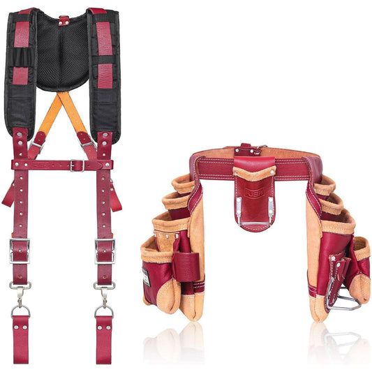 Fueri maroon leather tool belt suspender with maroon leather straps and 3 inch thick foam padded shoulder pads, 4 d rings.  Fueri 16 pockets maroon leather 2 pouches, 1 pouch has 2 fixed hammer holders, with foam-padded soft mesh leather tool belt, 2 inches wide, 53 inches long. 1 detachable hammer + plier  holder.