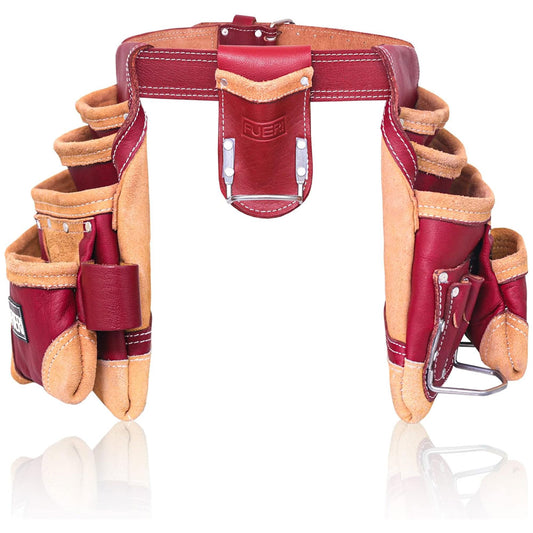 Fueri 16 pockets maroon leather 2 pouches, 1 pouch has 2 fixed hammer holders, with foam-padded soft mesh leather tool belt, 2.5 inches wide, 53 inches long. 1 detachable hammer + plier holder.
