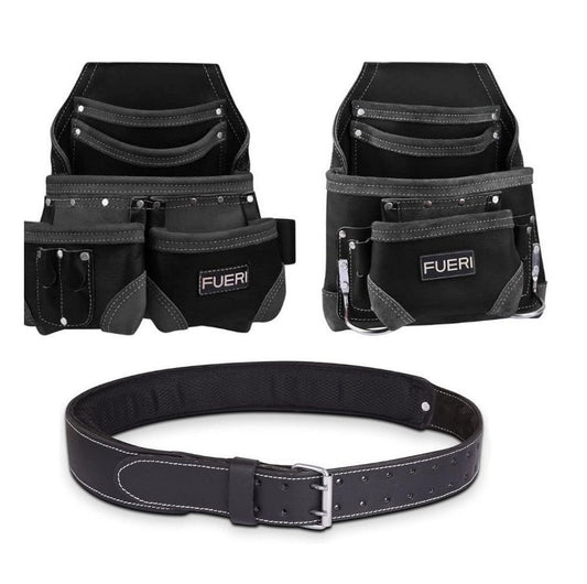 Front view of Fueri 17 pockets including 2 pencil pockets on each bag, black natural leather tool pouches set, 2 fixed hammer holders on one pouch. Fueri black natural leather tool belt with double tongue buckle and foam padded soft mesh.