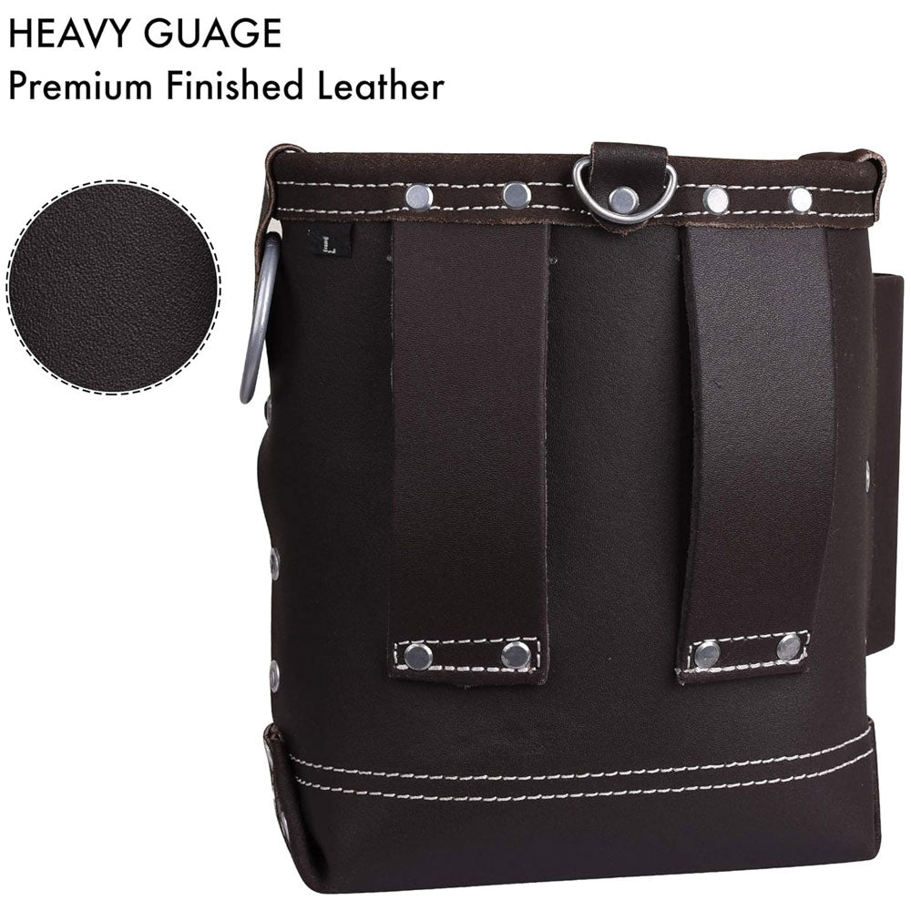 Rear view of Fueri 4 pockets chocolate leather electricians tool pouch showing 9 ply thick polyester fiber thread stitching. 2  leather belt holders on the back.