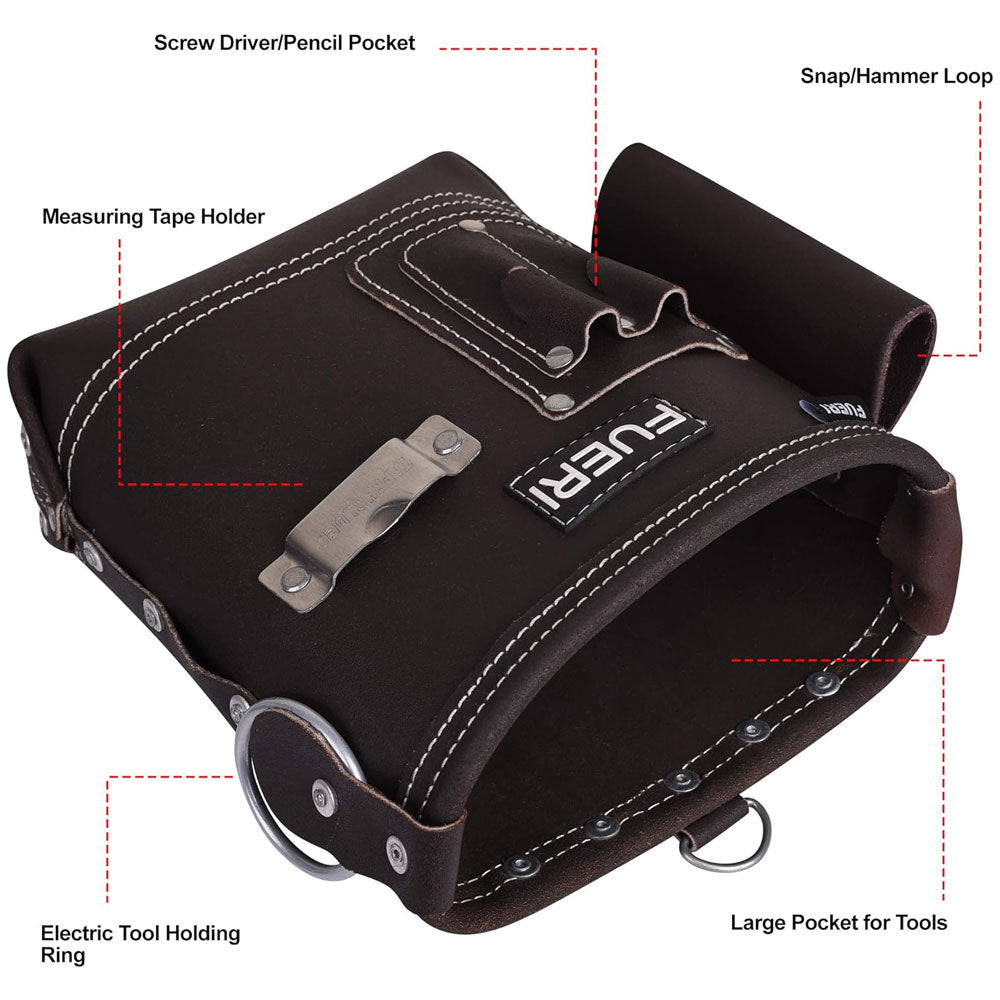 Side view of Fueri 4 pockets chocolate leather electricians tool pouch. Deep large pocket. Labelling of screw driver /pencil pocket, Snap/hammer loop, Measuring tape holder, Electric tool holding ring, Large pocket for Tools.