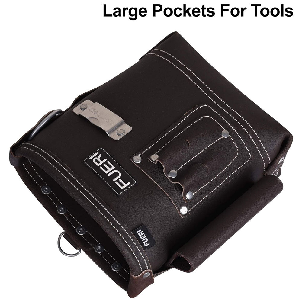 A close lying view of Fueri 4 pockets chocolate leather electricians tool pouch showing 9 ply thick polyester fiber thread stitching.