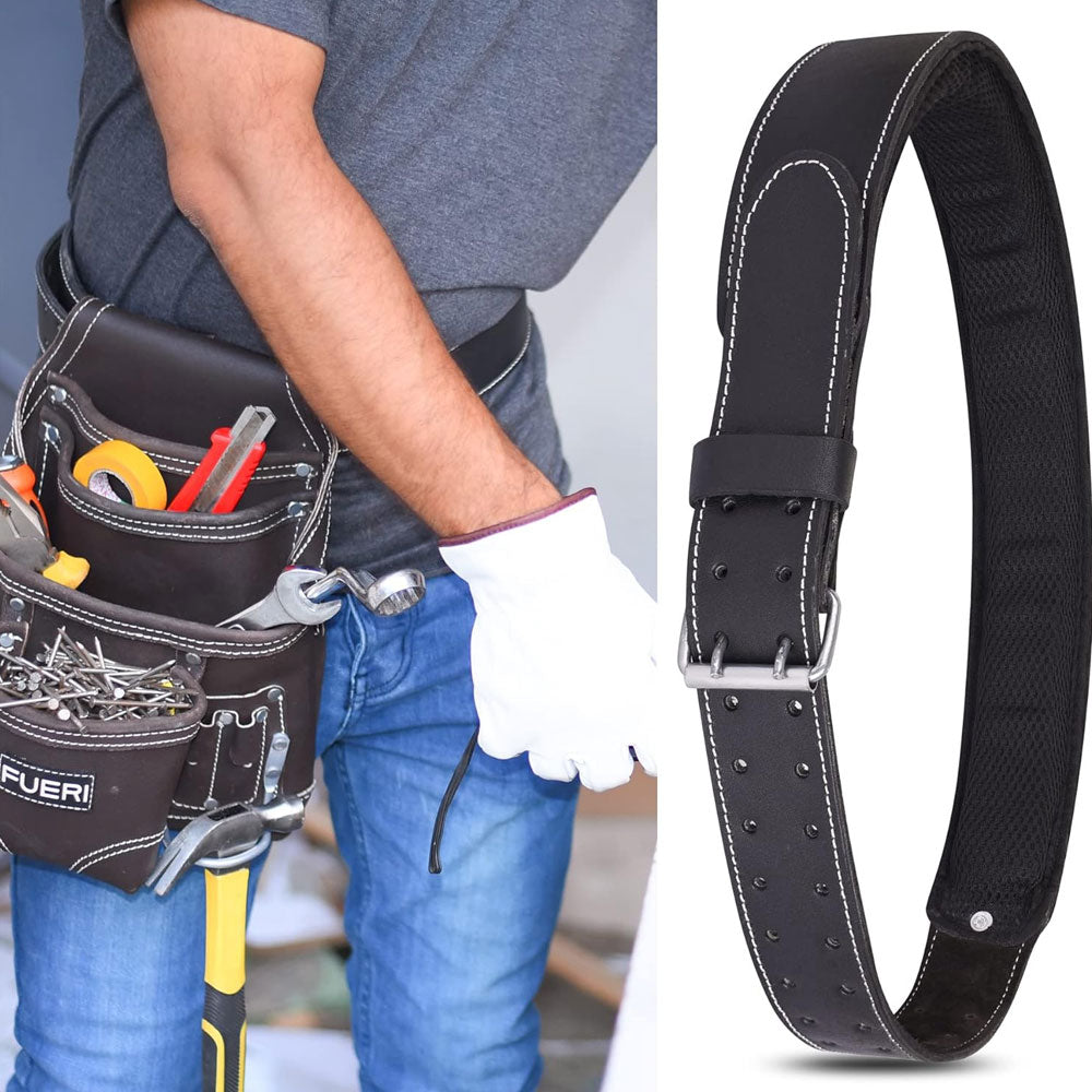 one image of A close view of man's waist wearing Fueri 4 pockets chocolate leather electricians tool pouch with Fueri black leather tool belt. Tools in all pockets. 2nd image of Fueri leather tool belt with double tongue buckle