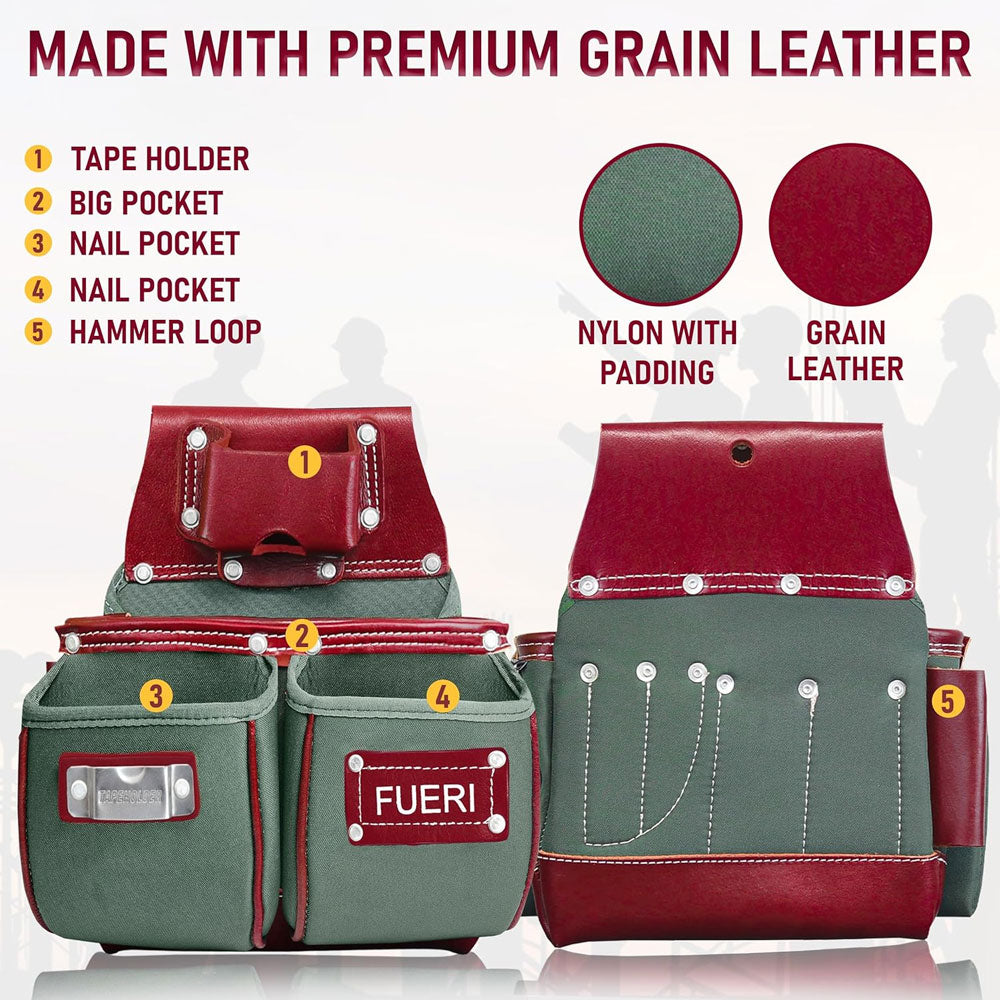 Rear side of Right side pouch of FUERI Nylon & Leather 19 Pockets, Maroon and Green. Labelling Tape holder, Big Pocket,2 Nail Pockets, 1 hammer loop. Nylon part is with padding