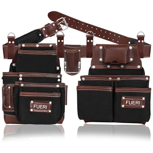 FUERI Nylon & Leather 19 Pockets Heavy Duty Tool Bag Set with 2 Pouches, Plier + hammer Holder, Foam Padded Work Belt & 4 Suspender Loops for Framers, Carpenters, Electricians and Construction Workers