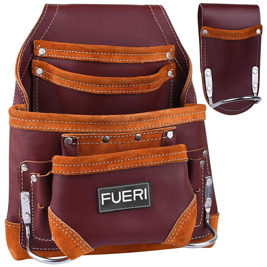 Fueri 10 pockets maroon leather tool pouch with 2 fixed hammer holders, 1 detachable hammer holder.