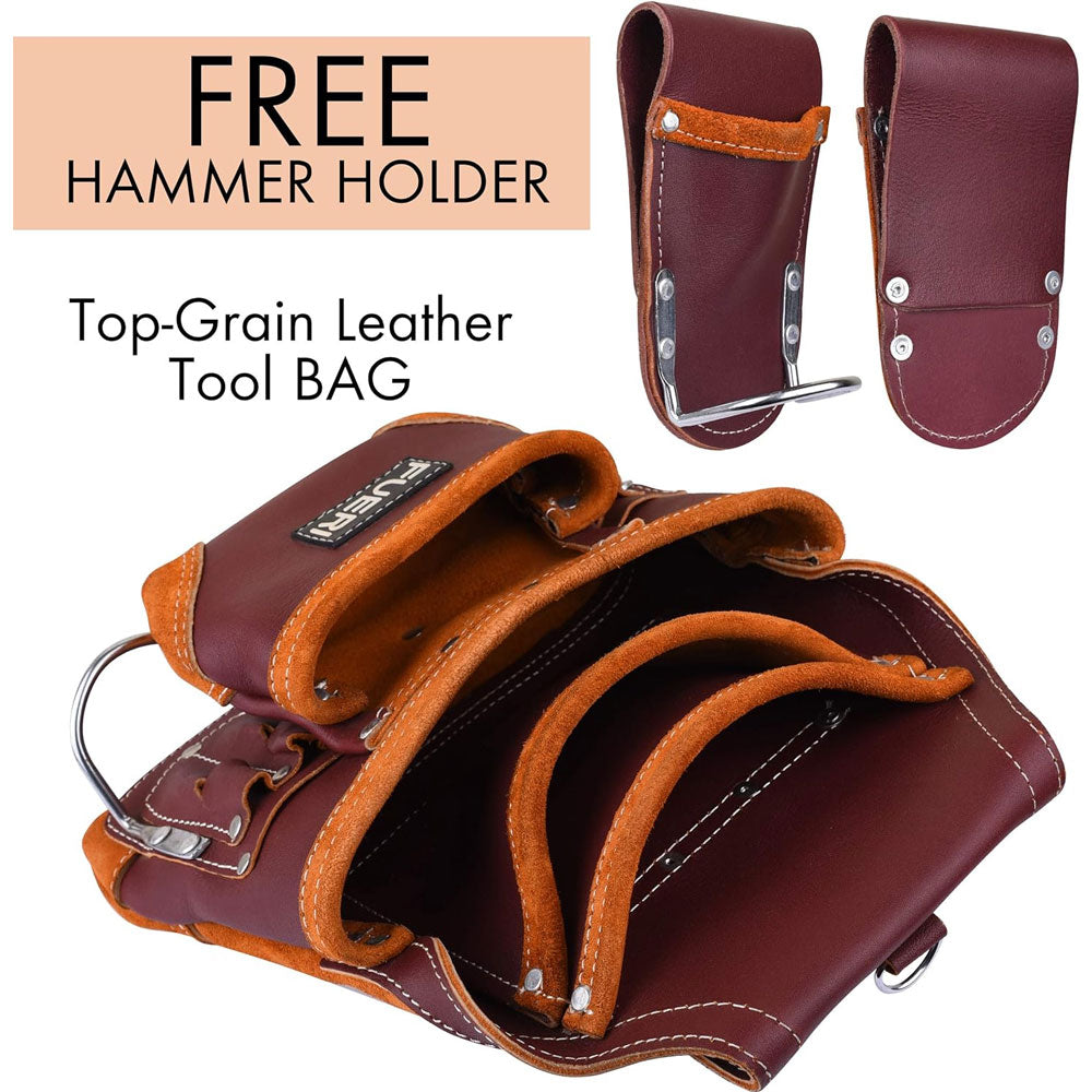 Top inside view of large deep pockets of Fueri 10 pockets maroon leather tool pouch with 2 fixed hammer holders, 1 detachable hammer holder.