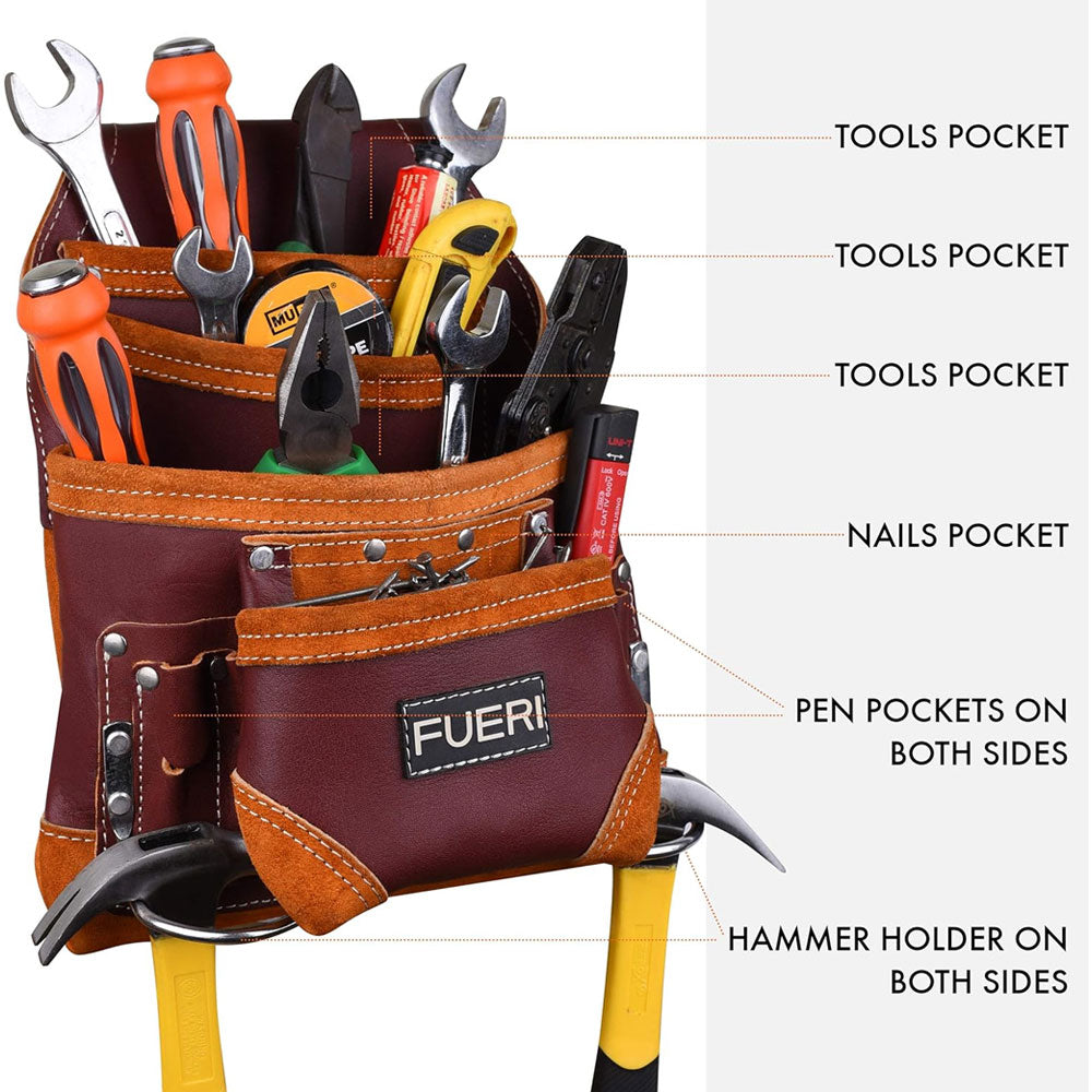 Labelling of Labelling of all tool pockets of Fueri 10 pockets maroon leather tool pouch, hammers hanging in both hammer holders.