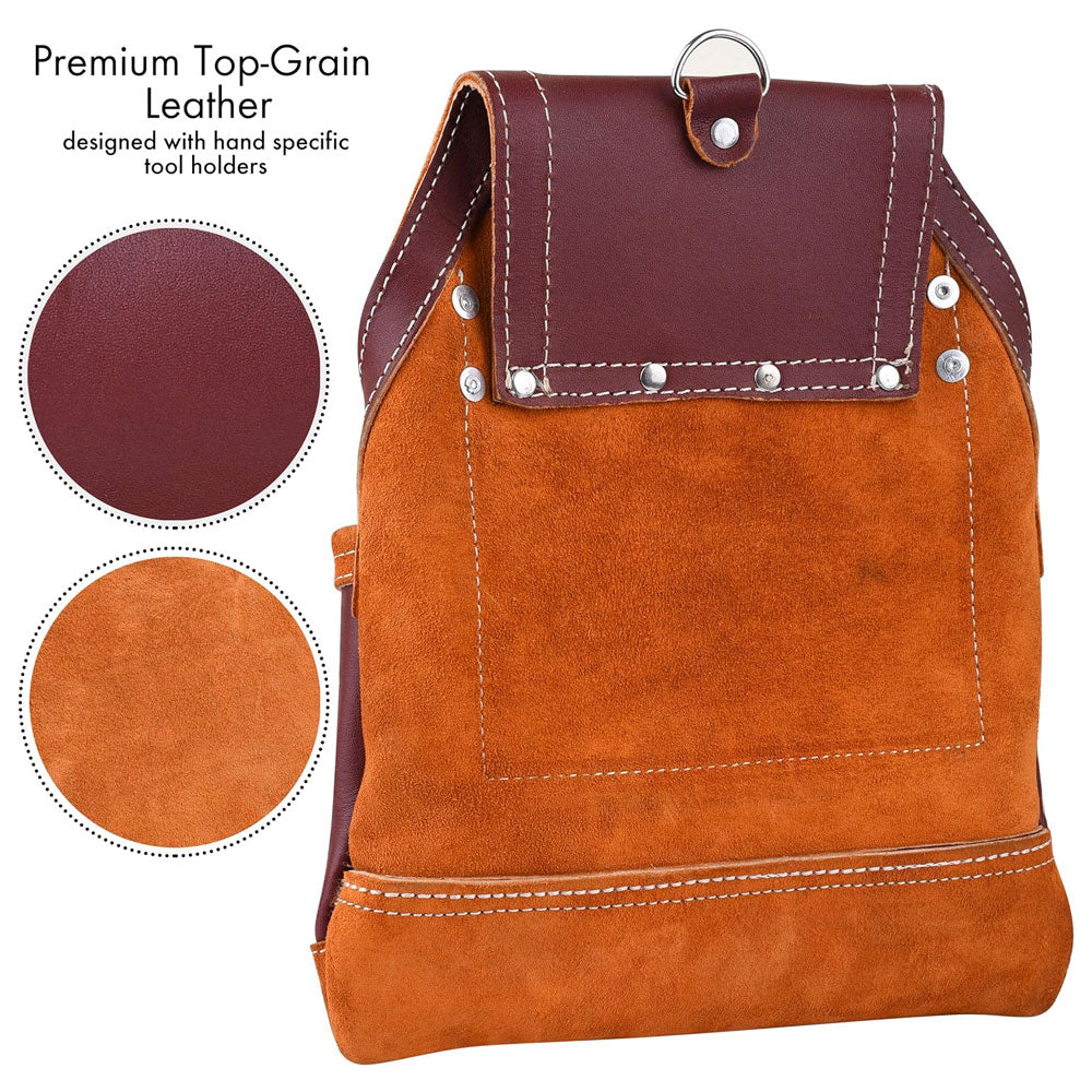 Backside view of Fueri 10 pockets yellow leather tool pouch with 2 fixed hammer holders,  Premium grain leather
